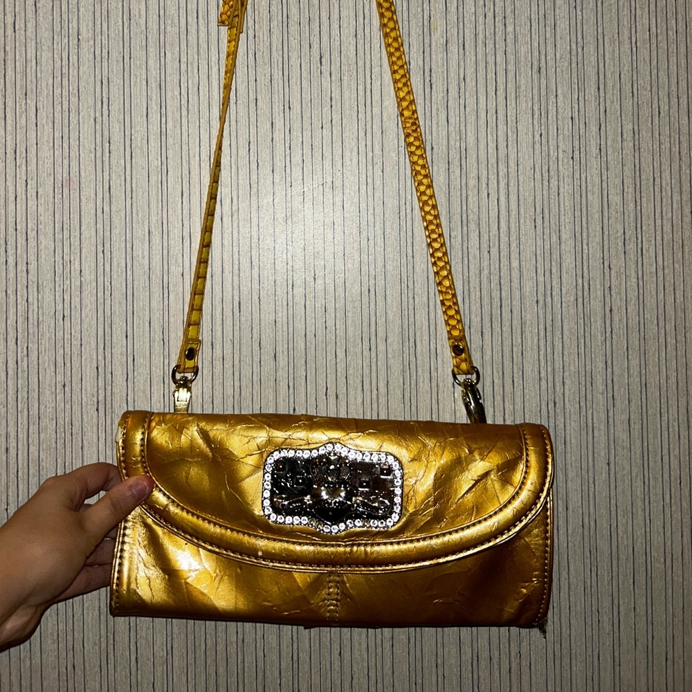 Kathy Van Zeeland Gold Shoulder Bag with Embellished Clasp